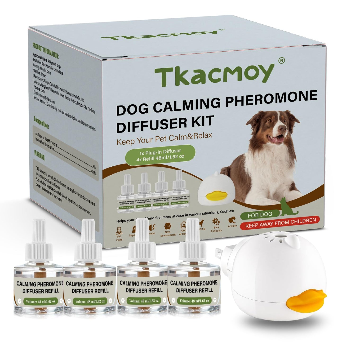 Tkacmoy Dog Calming Diffuser, 4-in-1 Pheromone Refills for Anxious Dogs, 120-Day Continuous Stress & Anxiety Relief for Barking, Chewing, Crate Training