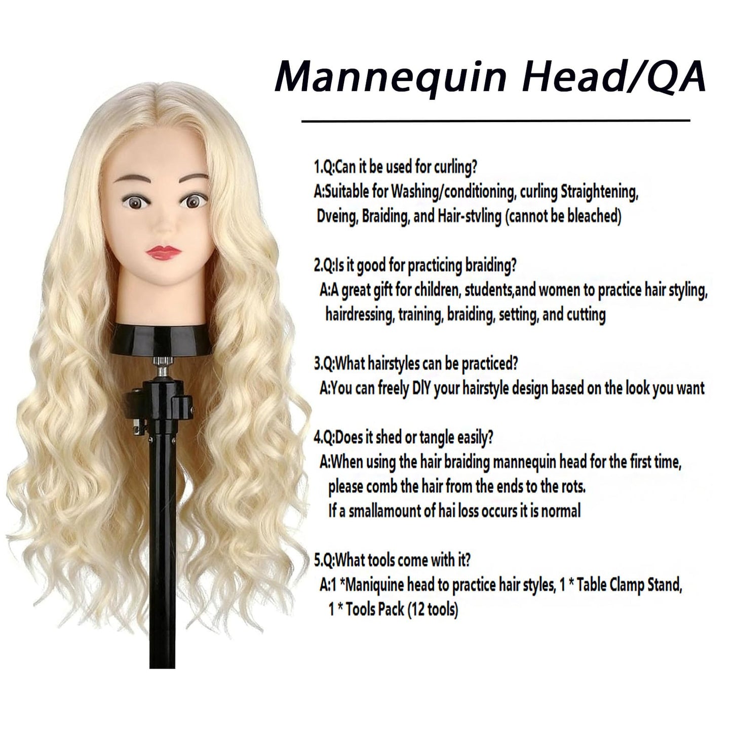 Mannequin Head with 80% Real Hair, TopDirect 24" Blonde Hair Styling Hairdressing Cosmetology Mannequin Manikin Training Practice Head with Clamp and Tools