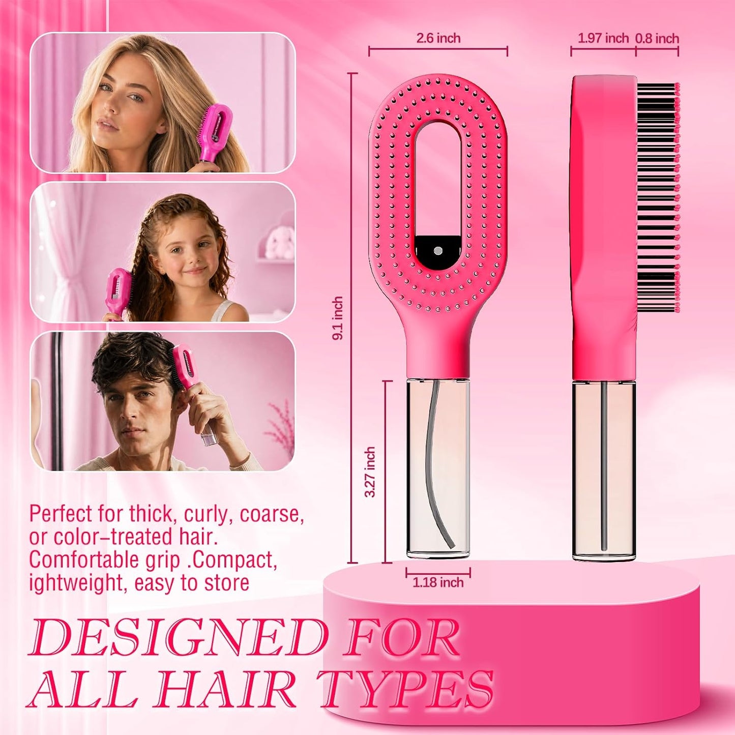 Hot Pink Hair Brush - Fine Mist Detangling Tool for Curly Thick Hair | Cute Wet & Dry Styling Accessory