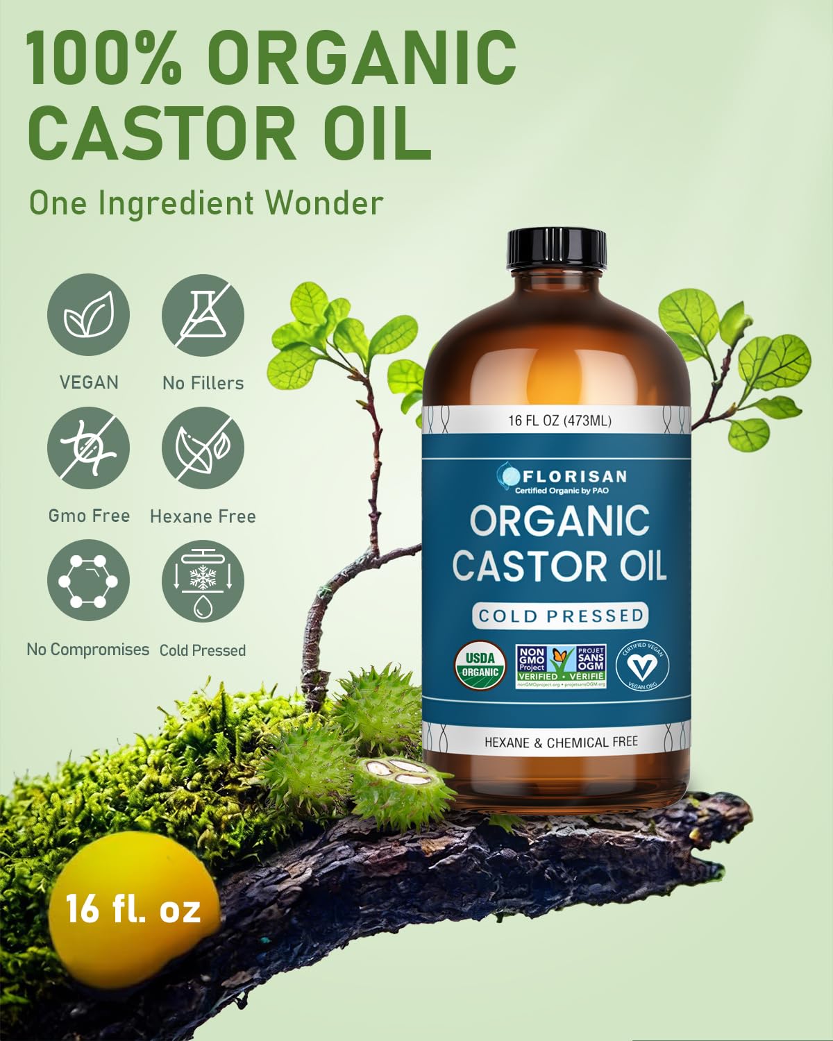 Organic Castor Oil - USDA Certified, Cold Pressed, Hexane-Free | 16oz Glass Bottle for Hair Growth, Skin & Lashes