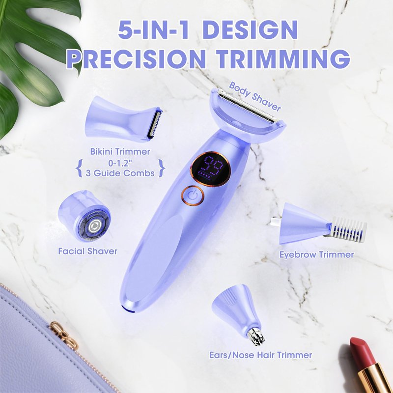 Karrte 5-in-1 Electric Razor for Women's Pubic Hair, Painless Body Shaver and Facial Epilator, Hair Removal for Face, Bikini Trimmer for Women's Private Area Purple