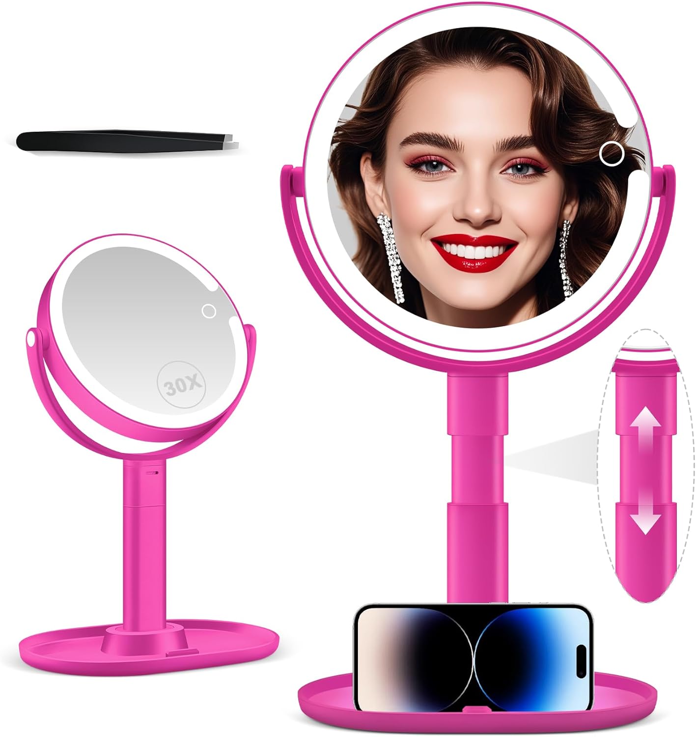 MIYADIVA 30X Magnifying Makeup Mirror with Lights - Adjustable Height, Dual-Sided, Phone Holder, 2000mAh Battery