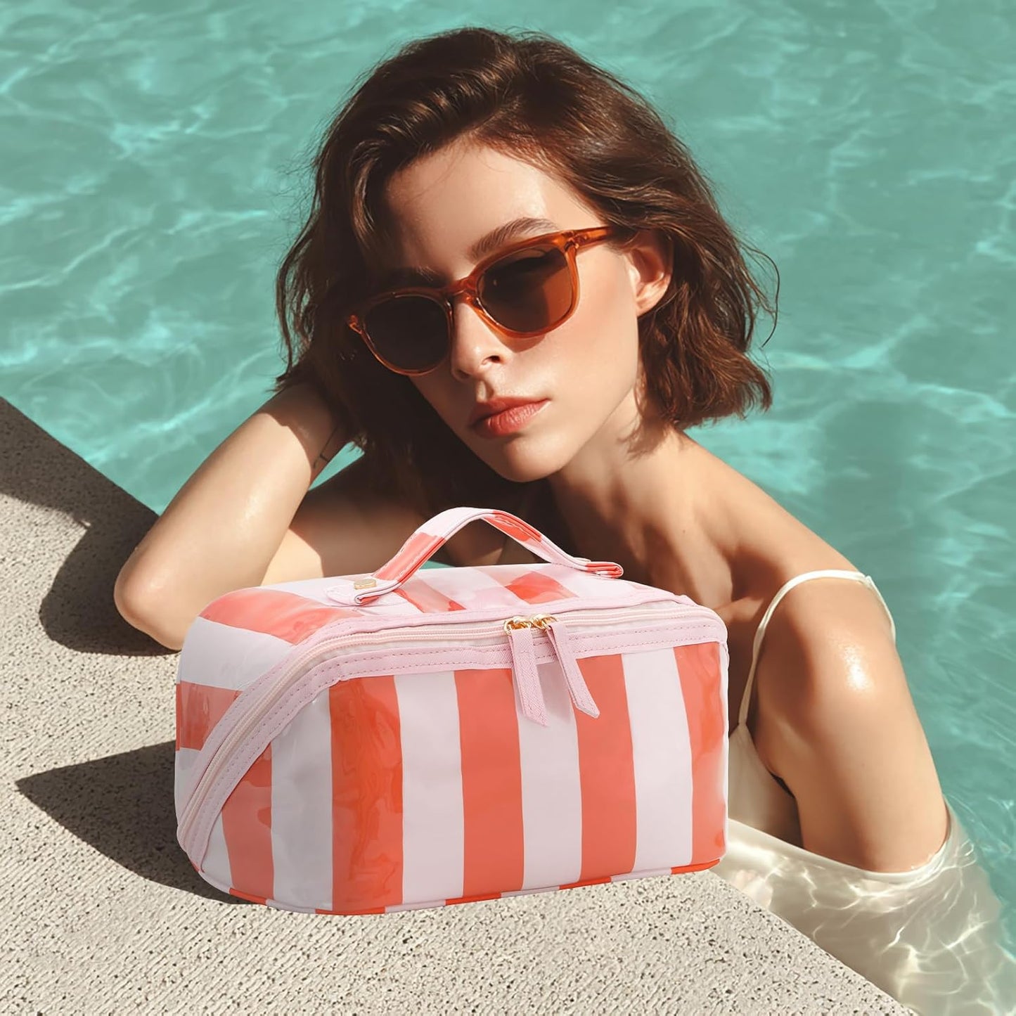 Stripe Travel Makeup Bag - Waterproof Cosmetic Organizer with Compartments | Pink-Orange