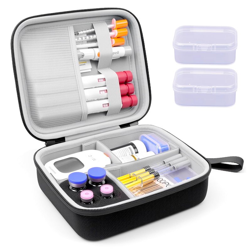 Krypthos Diabetic Supplies Travel Case, Portable Diabetes Organizer for Glucose Meter, Blood Sugar Test Strips Kit, Insulin Pens, Vials, Syringes, Lancing Device and More with Adjustable Dividers