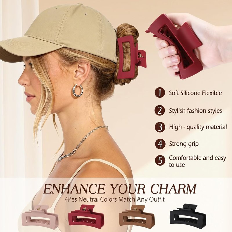 Silicone Flexible Hair Claw Clips - 4 PCS Jumbo Clips for Thick Hair | Cloud Soft Non-Slip Design