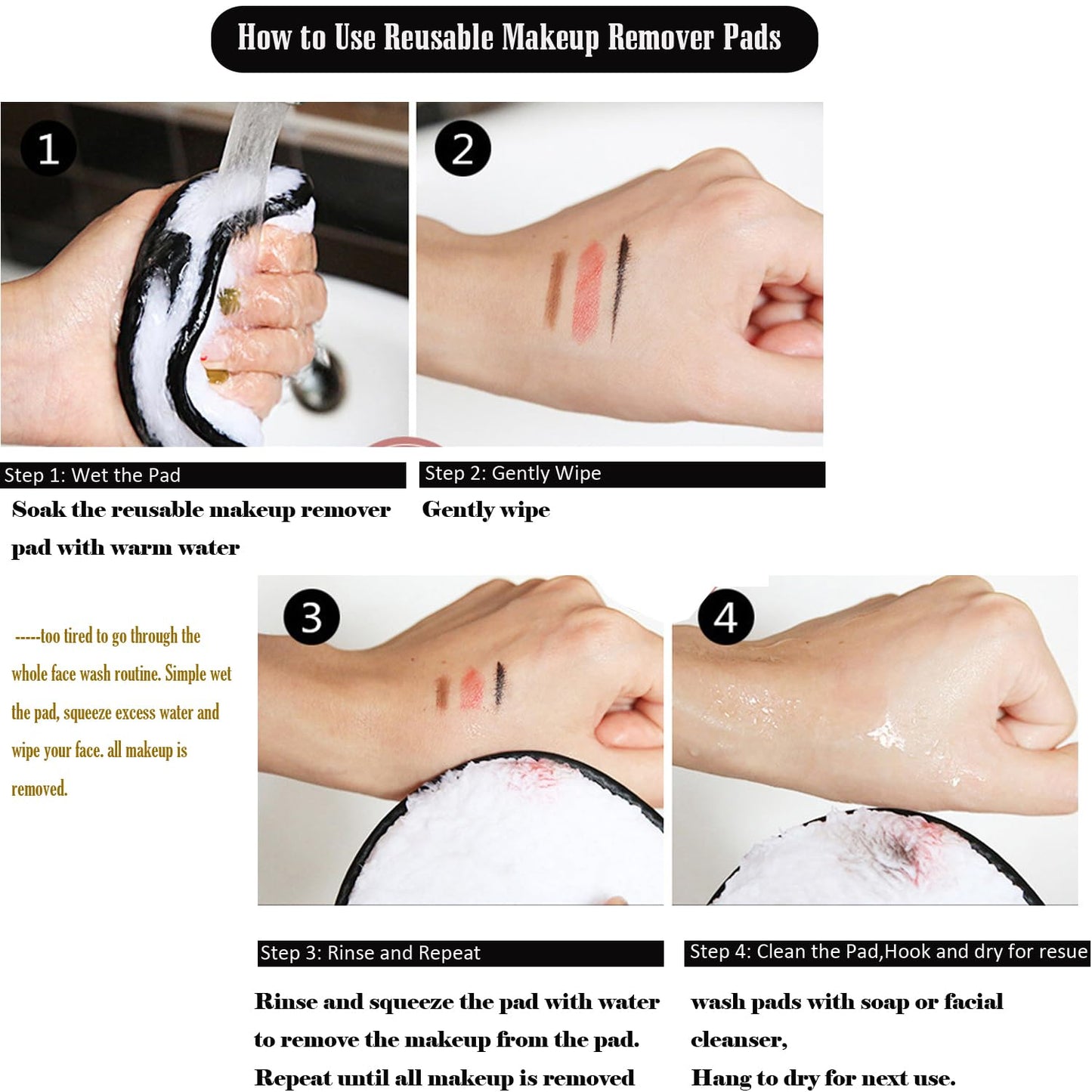 Reusable Makeup Remover Pads, Facial Make Up Removal Wipes, Washable Face Cleaning Cloths, Soft Makeup Remover Rounds, Hypoallergenic for Mascara, Eye Shadow, Lipstick, Foundation -6 PCS