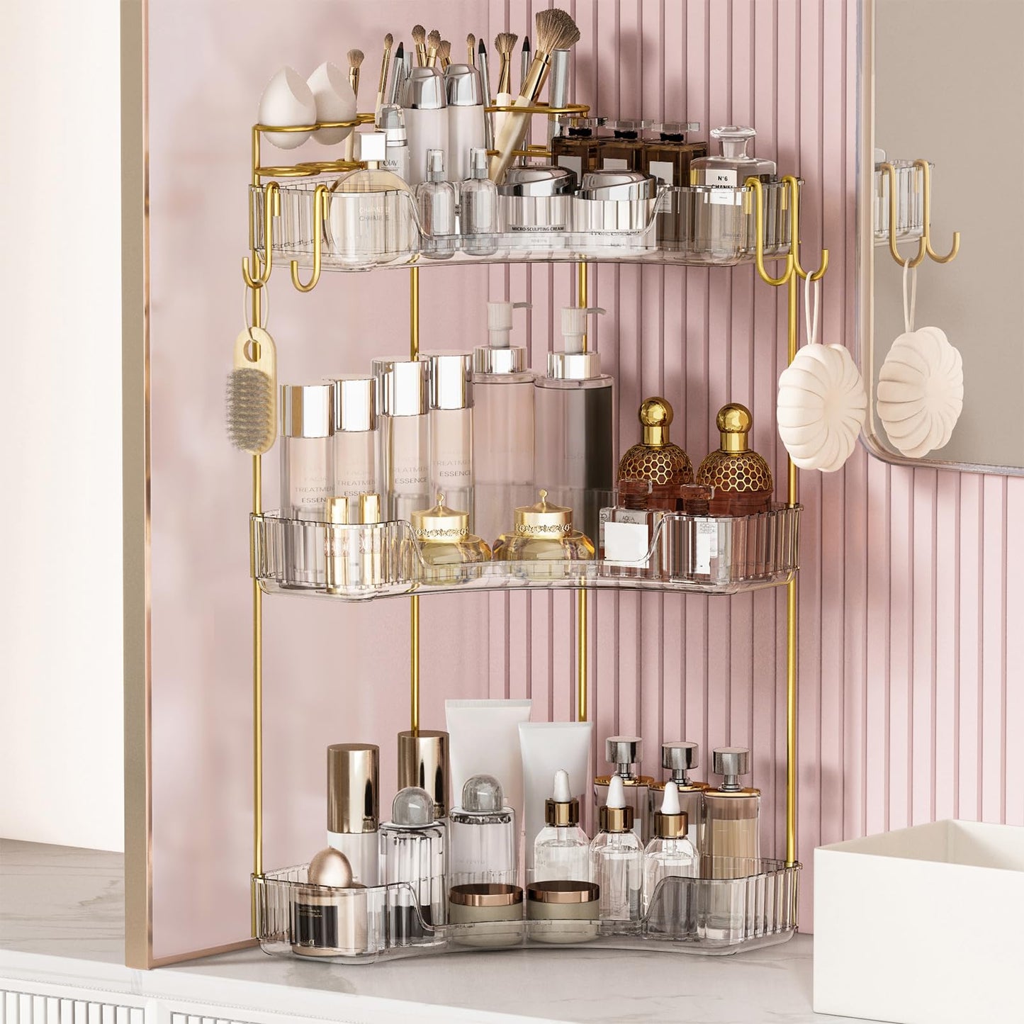 Greenby 3-Tier Corner Bathroom Counter Organizer，Makeup & Skincare Shelf with Built-in Brush Holder，Space-Saving Bathroom Countertop Organizer for Skincare, Perfume, Cosmetics(Clear)