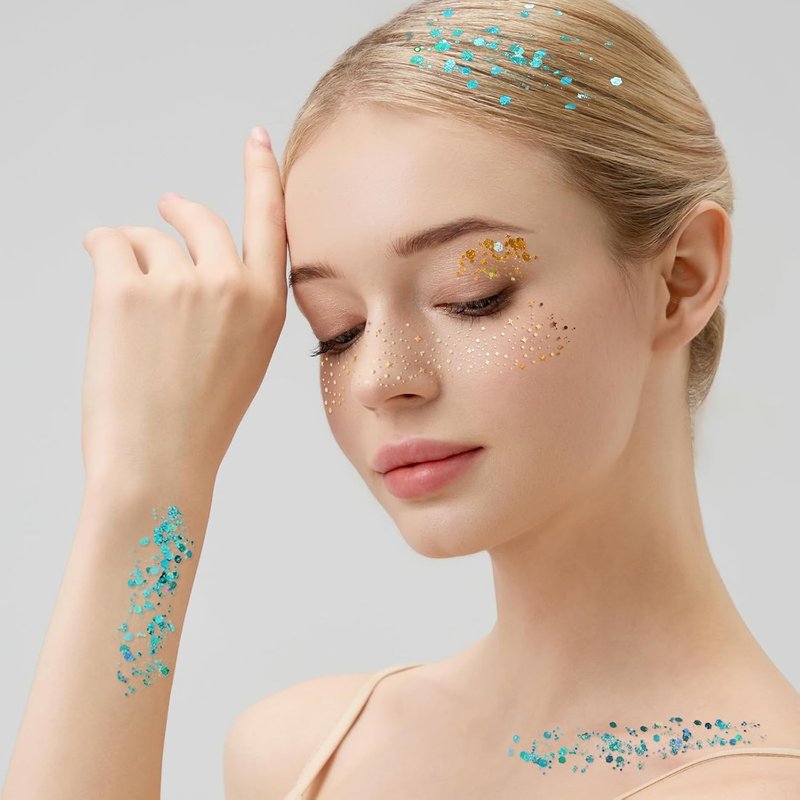 Face Glitter Set - 9 Color Body Glitter Gel with 3 Gold Freckles | No Glue Needed Festival Makeup for Parties & Halloween