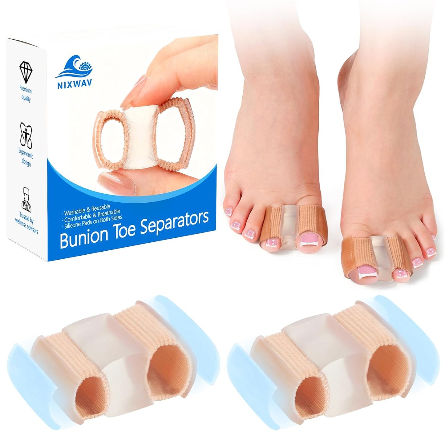 Bunion Toe Separators - 3-Point Gel Spacers for Overlapping Toes | 4 Pack, Large Size
