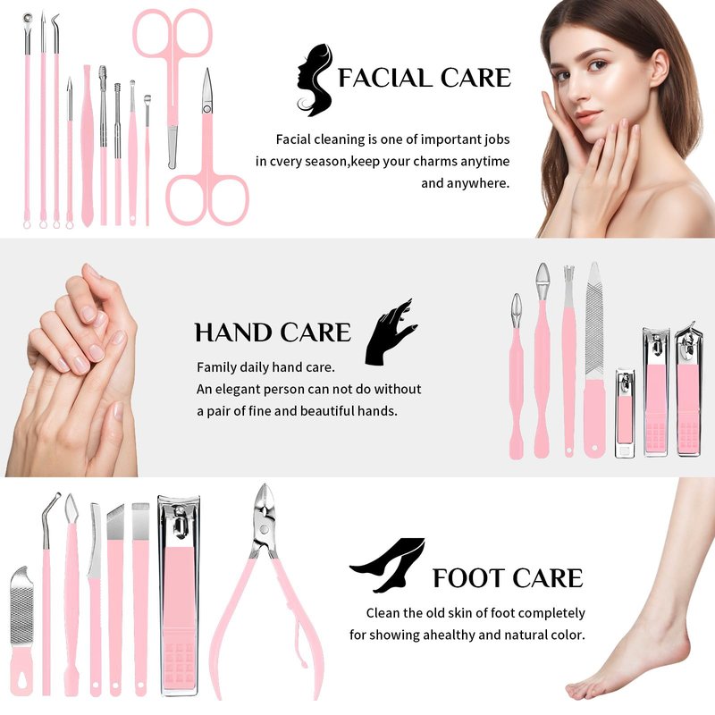 MINKINH 26-Piece Professional Manicure Set，Features Stainless Steel Tools, Carbon Steel Clippers & Travel Case for Women's Home and Travel Grooming(Pink)