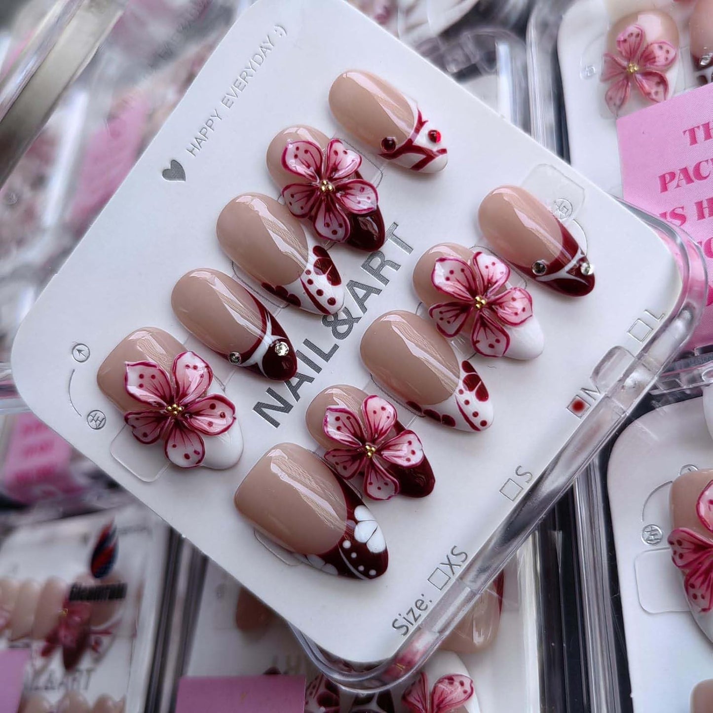 Luxury Handmade Almond Shape Press-On Nails | French Tip & 3D Flower Design - Nude Base, 10pcs for Spring & Daily Use