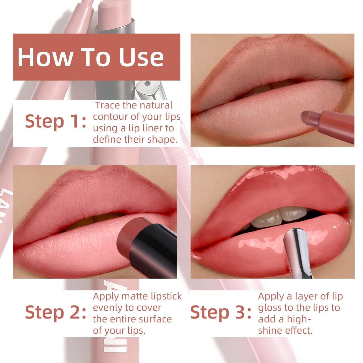 U-Shinein Lip Kit With Matte Lip Liner, Lipstick and Metal Tip Lip Gloss Combo, Peptide Lip Treatment Long Lasting, Highly Pigmented & Smudge Proof Makeup Hydrating Formula with Natural 3 Count Purple
