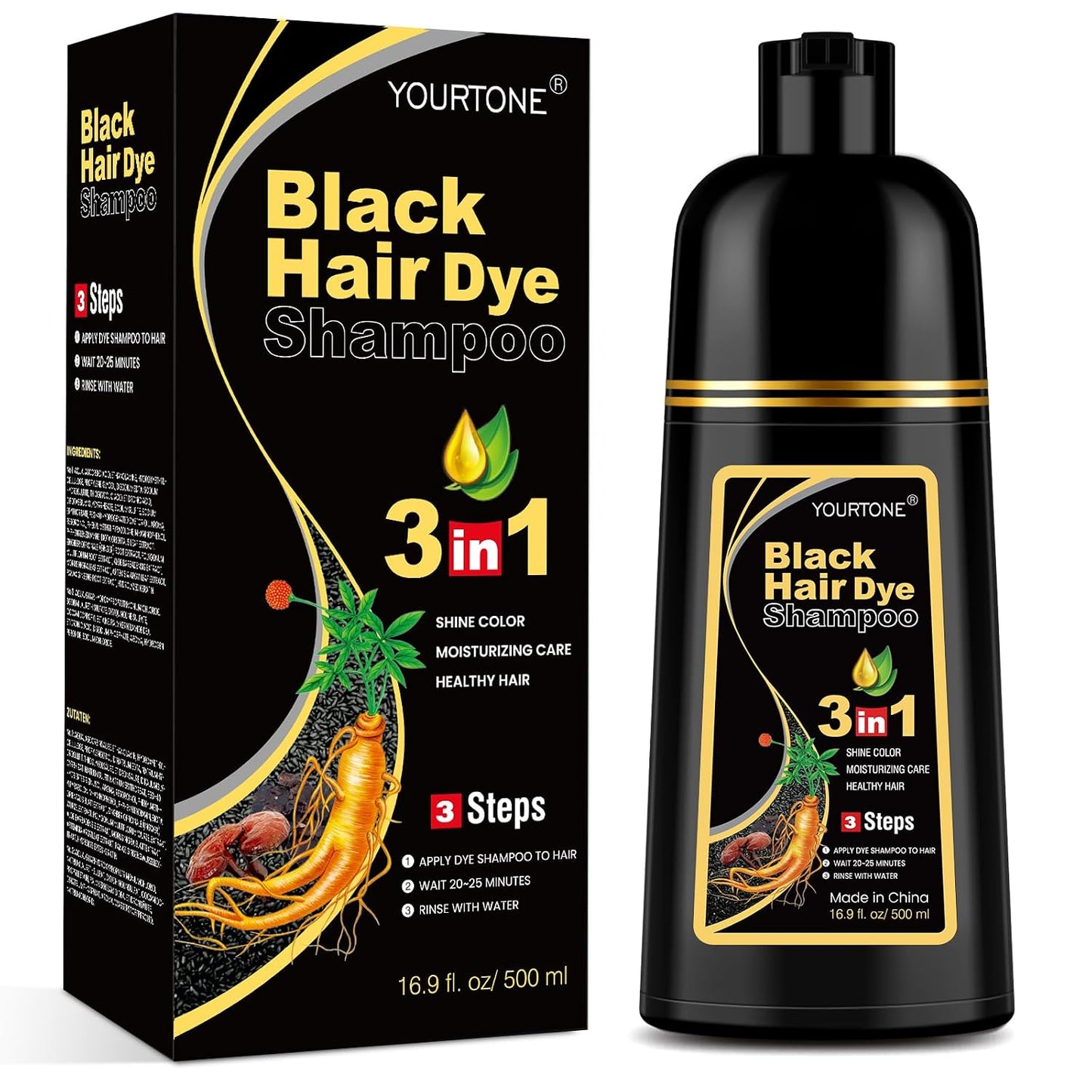 YOURTONE Black Hair Dye Shampoo - 3-in-1 Gray Coverage for Men & Women | Herbal Formula, 16.9 Oz