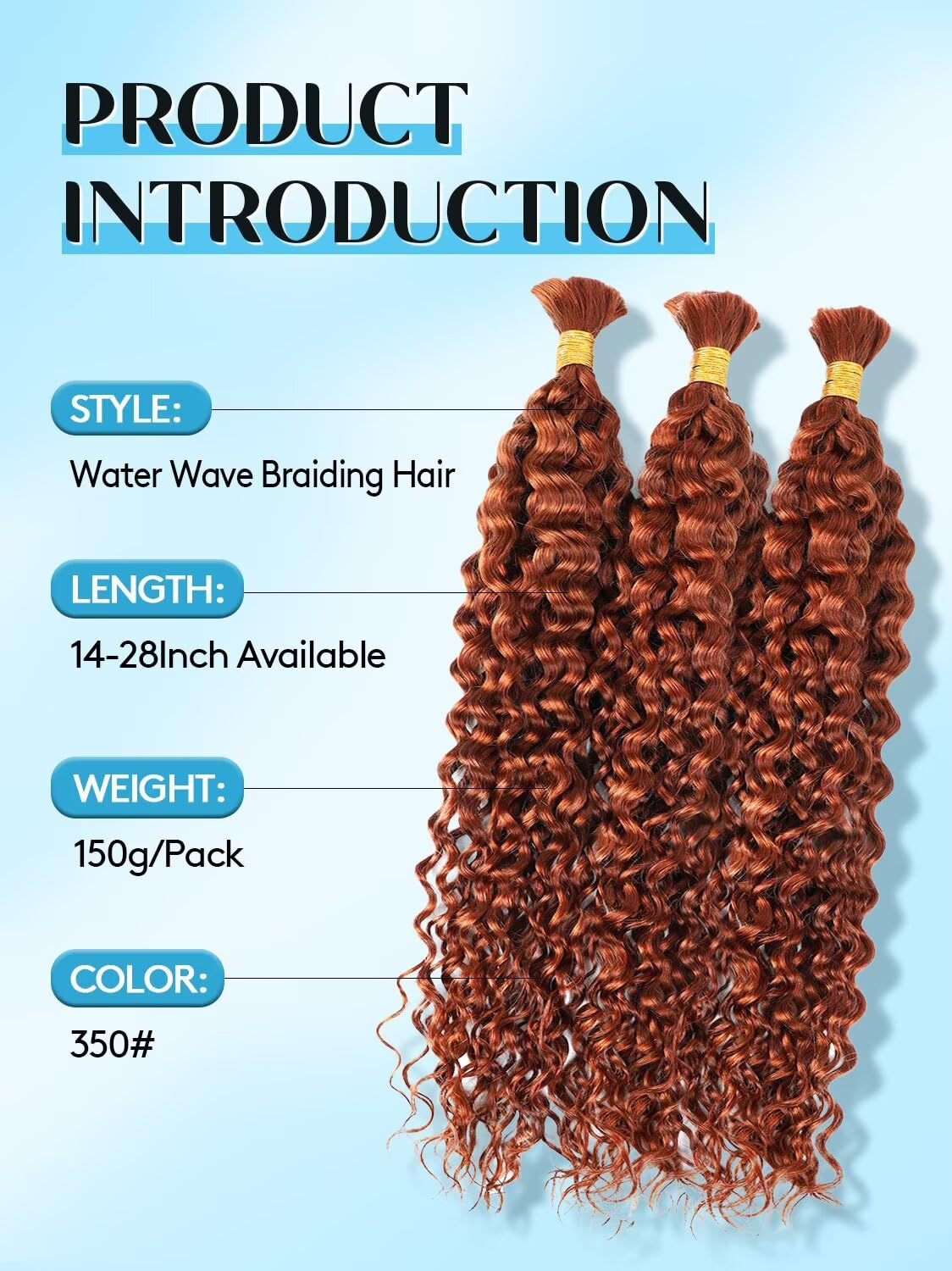Unprocessed Human Hair for Braiding - #350 Ginger Copper Curly Bulk Hair, 18 Inch, 150g, 3 Bundles
