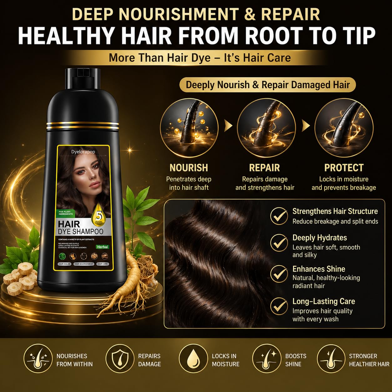 Hair Dye Shampoo - 5 in 1 Herbal Formula for Gray Coverage | Semi-Permanent Argan Color, 500ml (Black)
