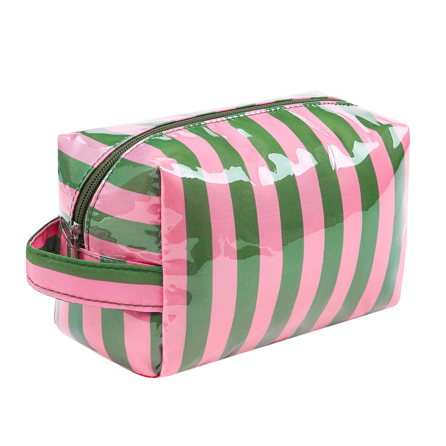 Lestikave PVC Striped Makeup Bag,Easy to Clean,Waterproof Clear Coated Cosmetic Bag,Cute Travel Organizer Zipper Pouch for Beach Vacation Essentials(02Green Pink)