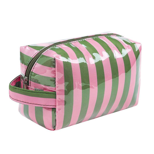 Lestikave PVC Striped Makeup Bag,Easy to Clean,Waterproof Clear Coated Cosmetic Bag,Cute Travel Organizer Zipper Pouch for Beach Vacation Essentials(02Green Pink)