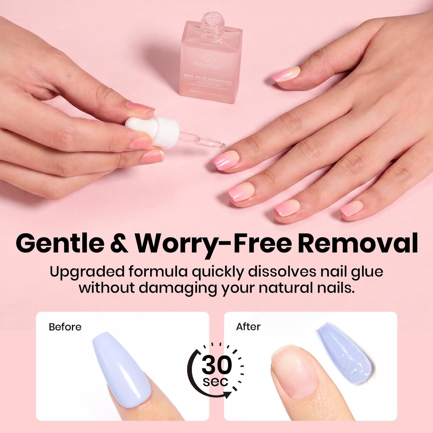 Beetles Gel Nail Glue & Remover Kit, 20g No Wipe Hands-Free Nail Glue for Tipex Soft Gel Nail Tips & Clear Press On Nails, 10ml Nail Remover with Nail Tools, Gentle Formula, Gift for Women