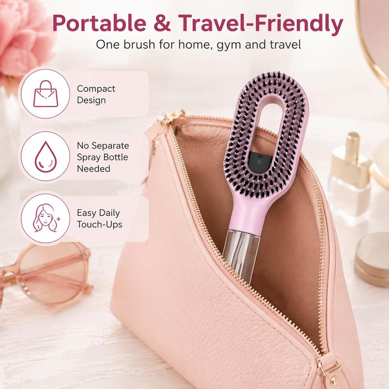 Misting Hair Brush - 2-in-1 Detangling Wet & Dry Brush with Fine Mist Sprayer | Anti-Frizz, Refillable Reservoir (Black)