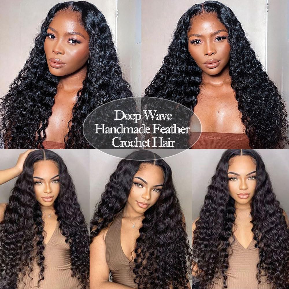 Knotless Pre-Separated Deep Wave Crochet Hair Extensions - 100% Raw Human Hair, 16 Inch, 60g