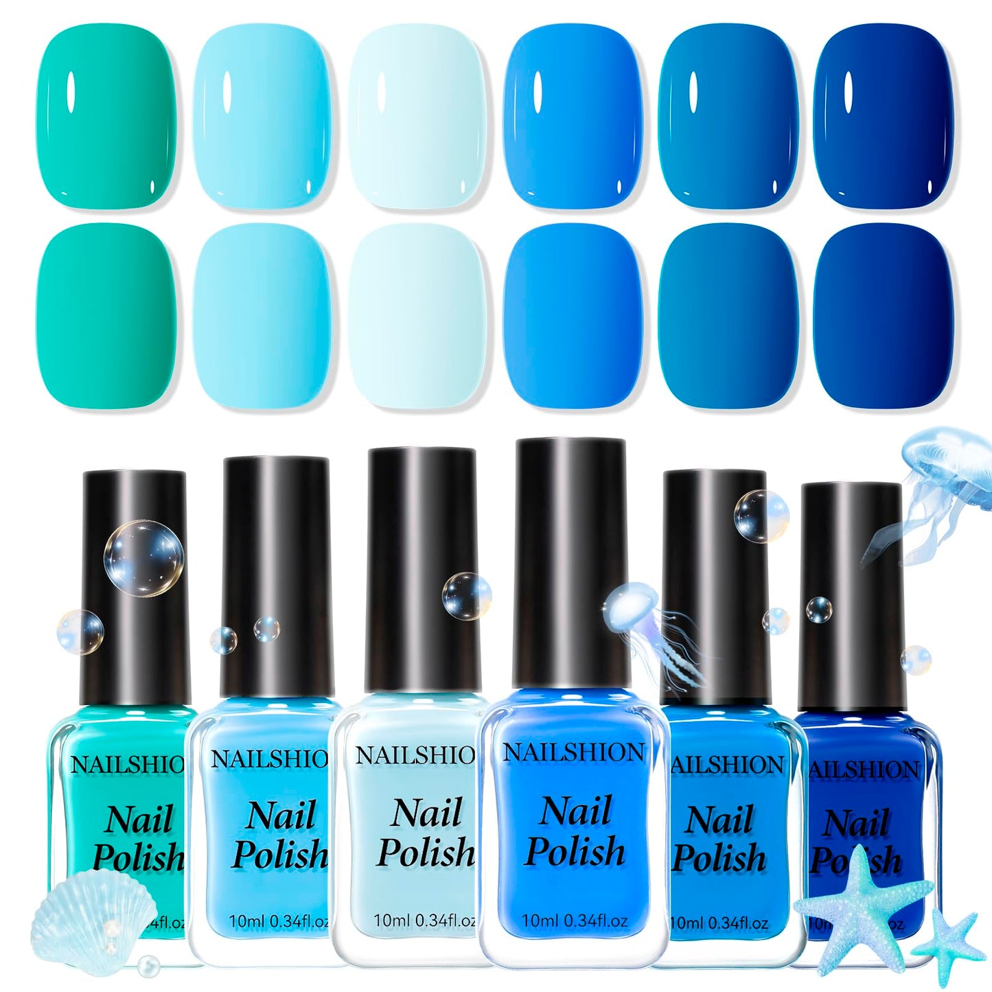 Nailshion Blue Nail Polish Set: 6 Colors Light Navy Royal Teal Ocean Baby Blue Collection Toe Fingernail Polish, Quick Dry Non Gel, High Gloss Shine, Summer Nail Art Gift for Women Girls