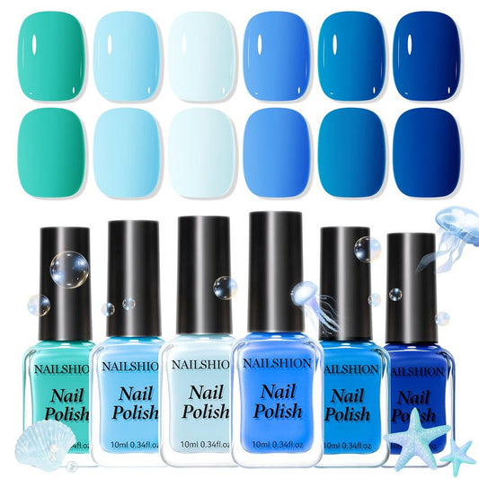 Nailshion Blue Nail Polish Set: 6 Colors Light Navy Royal Teal Ocean Baby Blue Collection Toe Fingernail Polish, Quick Dry Non Gel, High Gloss Shine, Summer Nail Art Gift for Women Girls