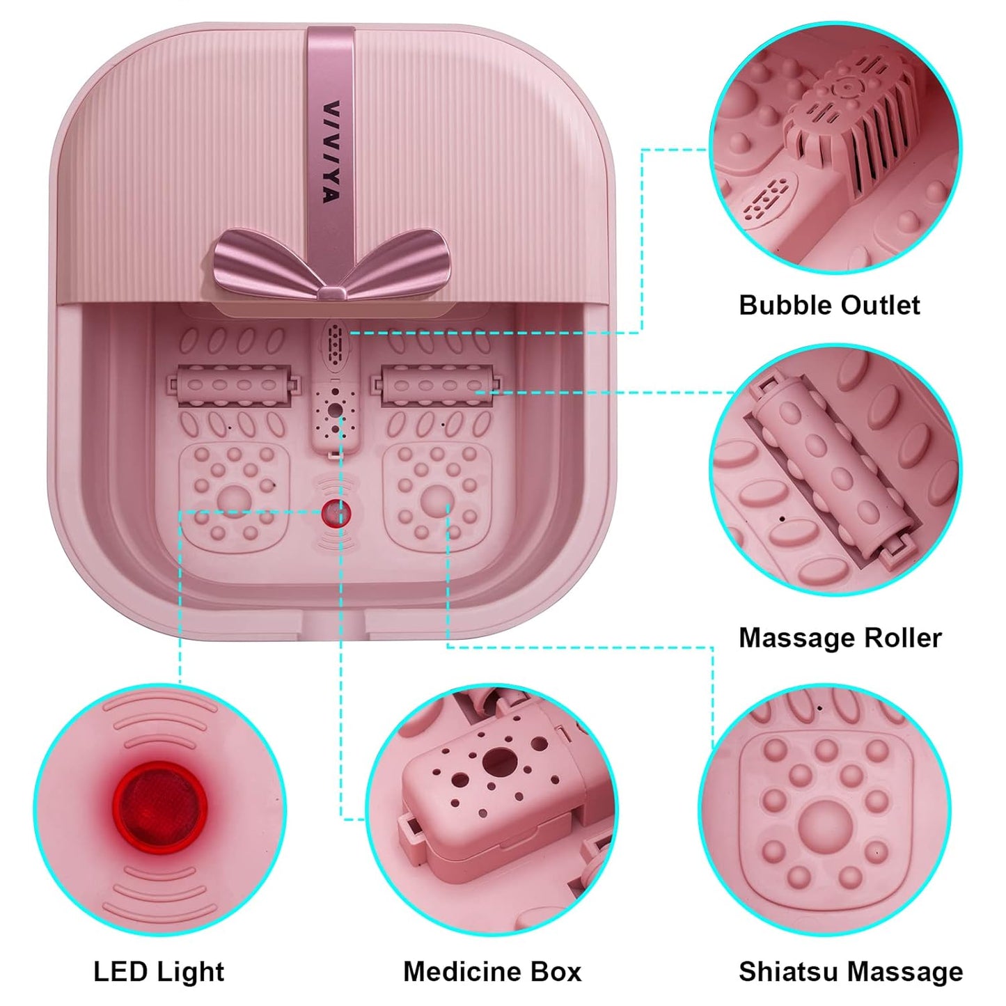 Collapsible Foot Bath Spa - Heated Massage Rollers & Bubble Jets | Foldable Pedicure Tub (Pink)