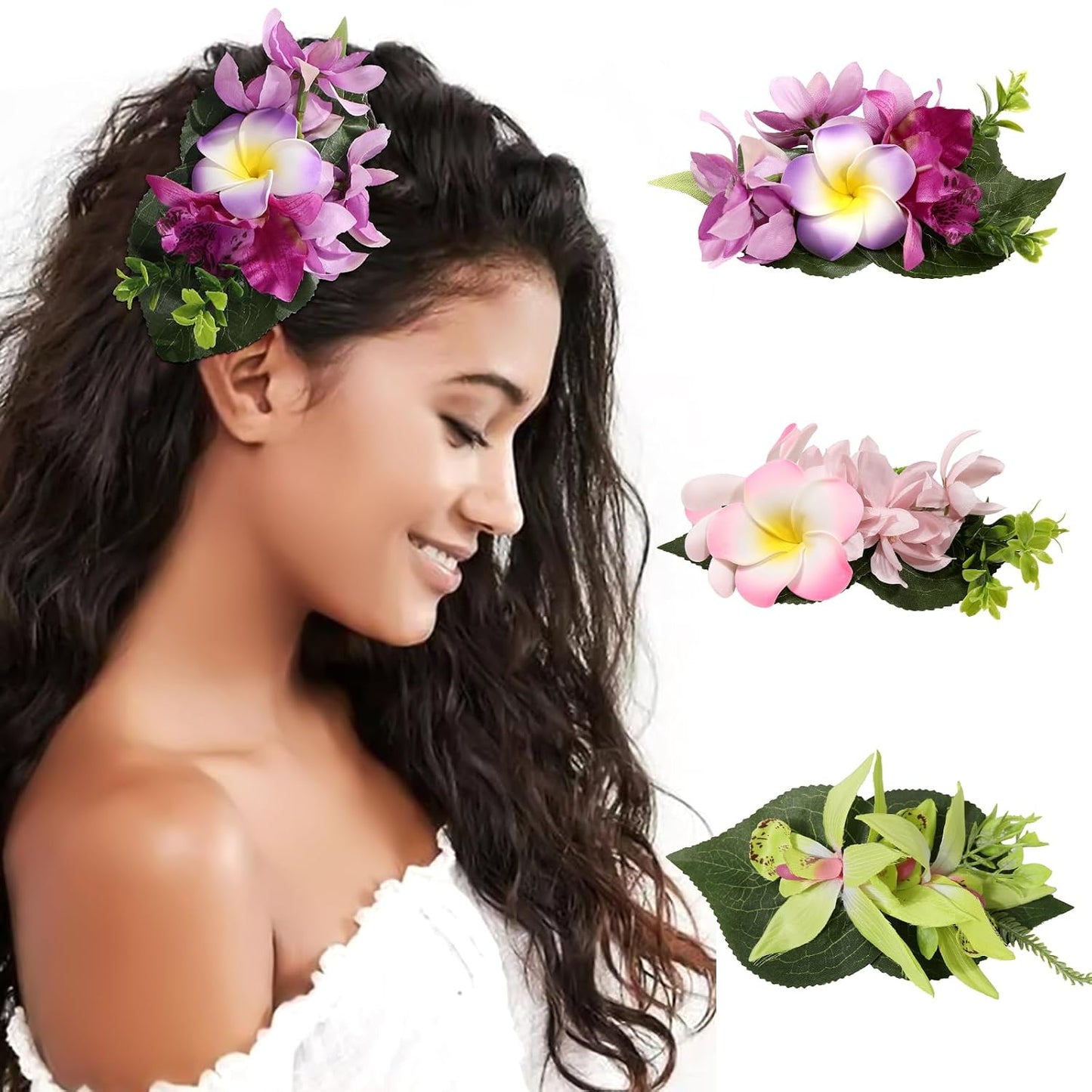 Hawaiian Flower Hair Clips - 3-Piece Set of Tropical Hair Pins | Artificial Floral Accessories in Blue, Pink, Purple