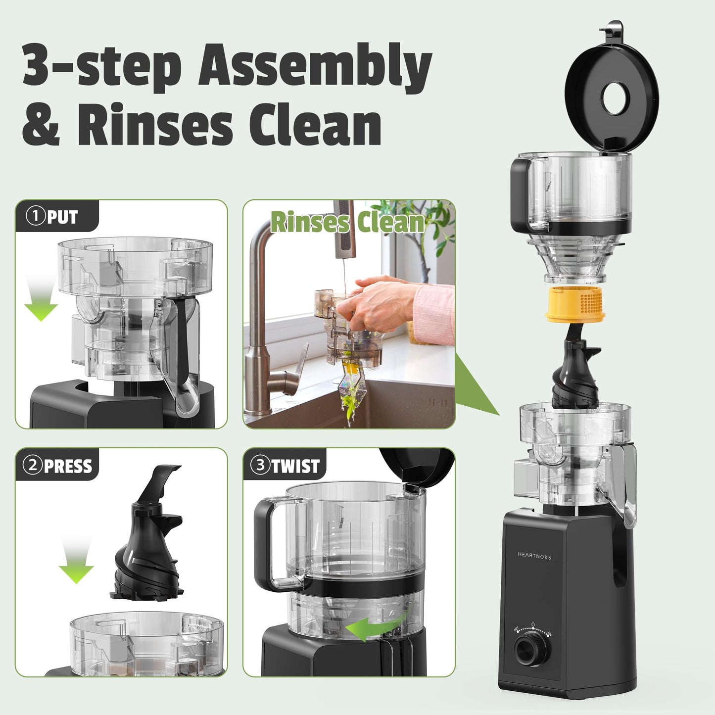 Heartnoks Juicer Machines, 6.5" Extra-Wide Feed Chute Cold Press Juicer for Whole Fruits, Easy to Clean 3-in-1 Juice, Sorbet & Nut Milk Maker, 300W Masticating Juicer for Home & Gifting