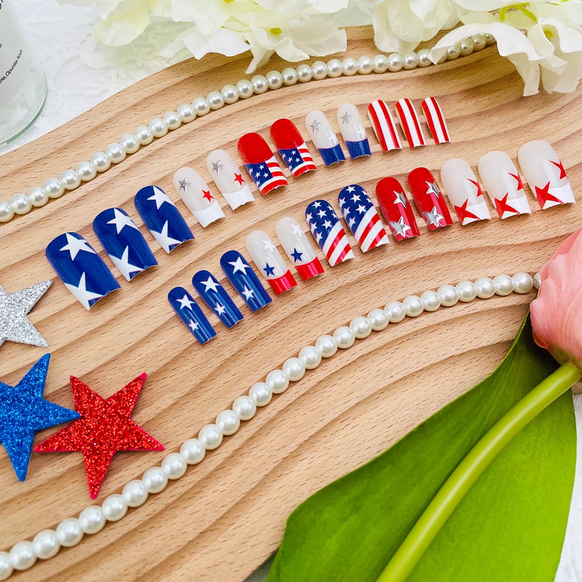 30Pcs 4th of July Press On Nails Medium Square French Tip Fake Nails Red White Blue Stars Stripes American Flag Design Patriotic Stick On Nails Independence Day Acrylic False Nails for Women Girls