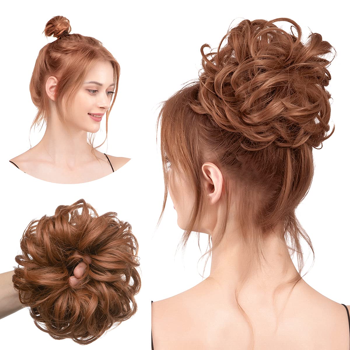 Large Messy Bun Hair Piece - Wavy Curly Synthetic Chignon Ponytail Extensions | Thick Updo in Light Auburn