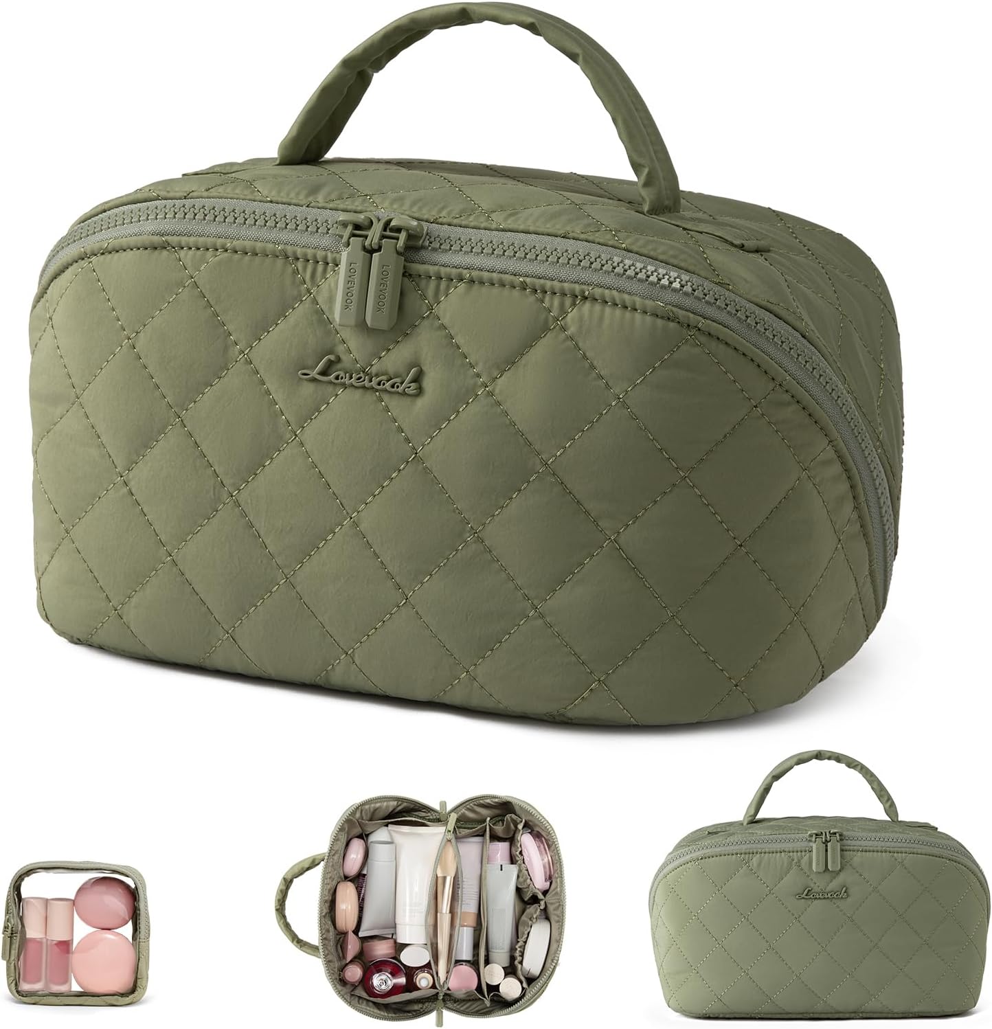 LOVEVOOK Travel Makeup Bag - Waterproof Cosmetic Organizer with Brush Compartment | Large Capacity Pouch in Pink, Medium