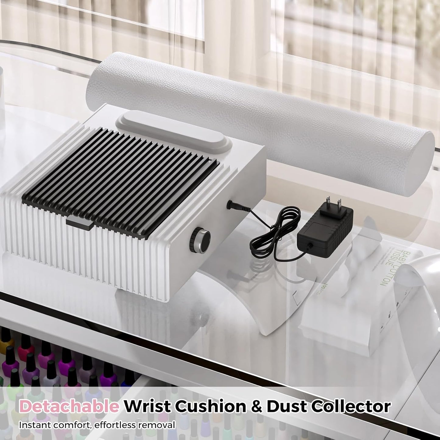 Professional Manicure Table with Dust Collector - Tempered Glass Top & Storage Drawer | Nail Salon Workstation (White)