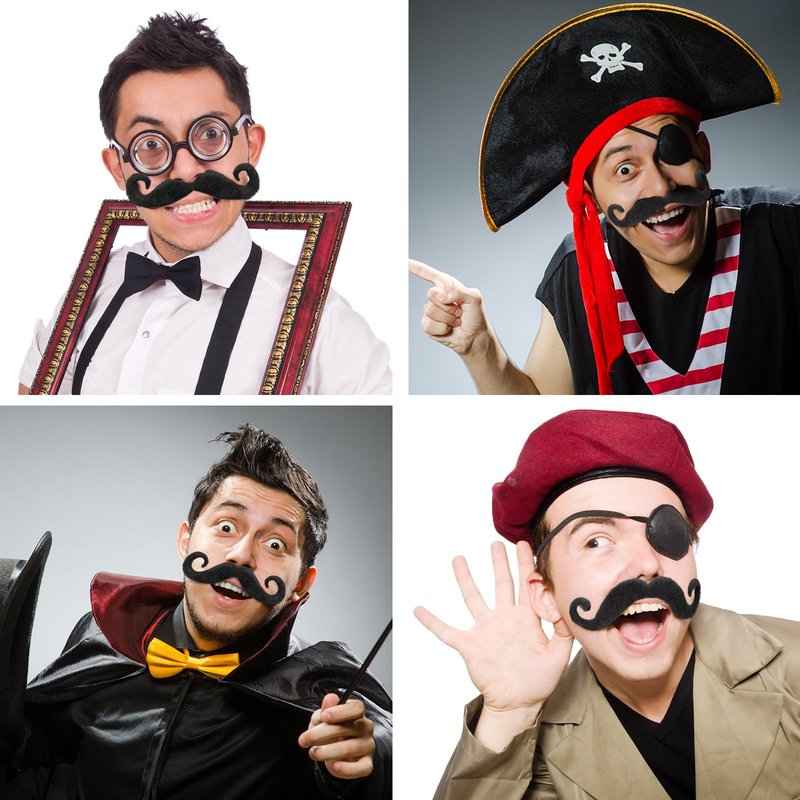 Knitgrip 12 Pcs Fake Mustaches Handlebar Self Adhesive Stick on Mustache Novelty False Facial Hair for Men Steampunk Halloween Christmas Party Supplies Costume(Black)