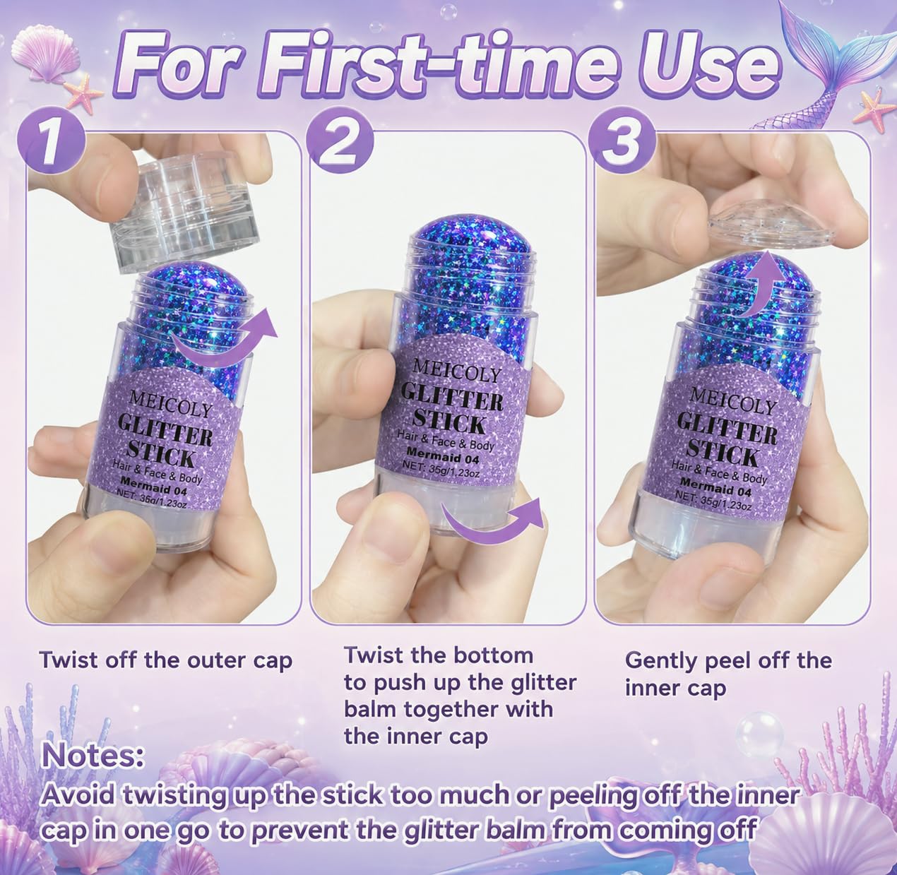 MEICOLY 1.23 OZ Light Purple Face Body Hair Glitter Stick for Women Rave Outfit Accessories, Holographic Mermaid Glitter Stick for Spirit Week Halloween