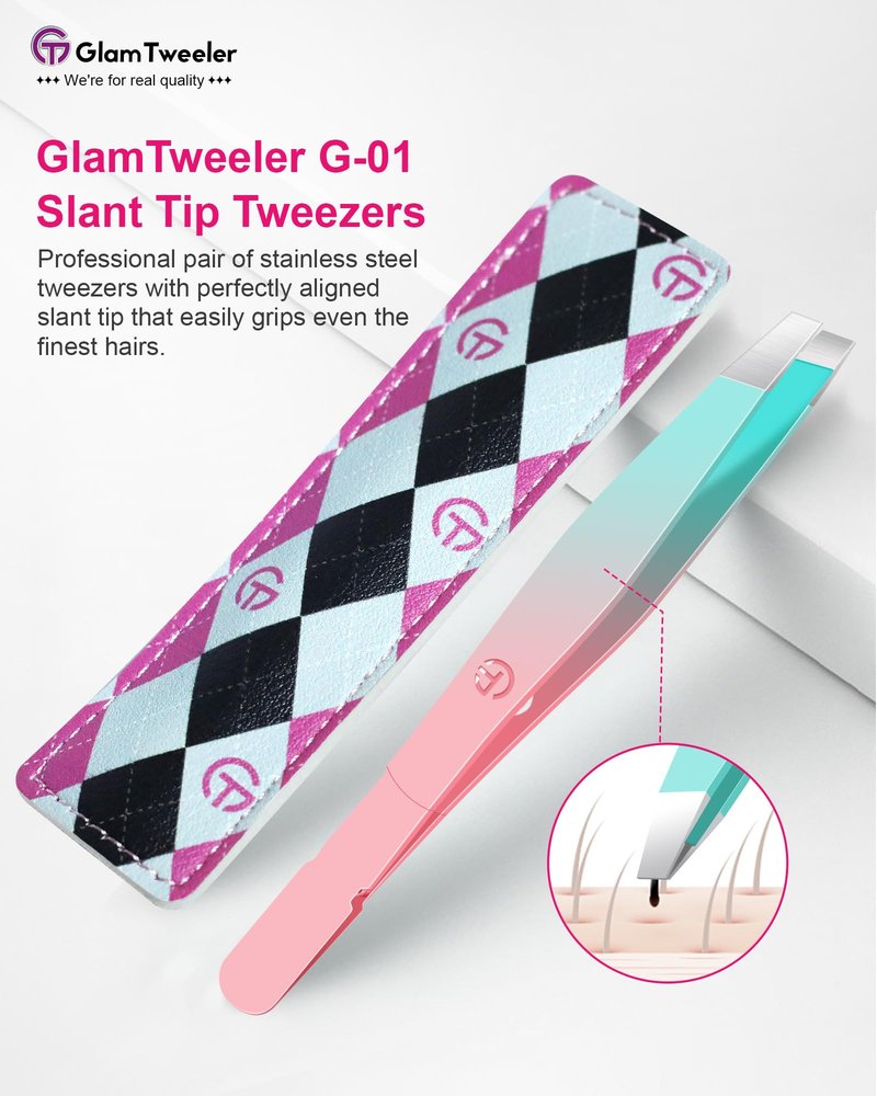 Exclusive G-01 Slant Tip Tweezers, GlamTweeler High Precison Expert Eyebrow and Facial Hair Removal Tweezer with Leather Storage & Carrying Case