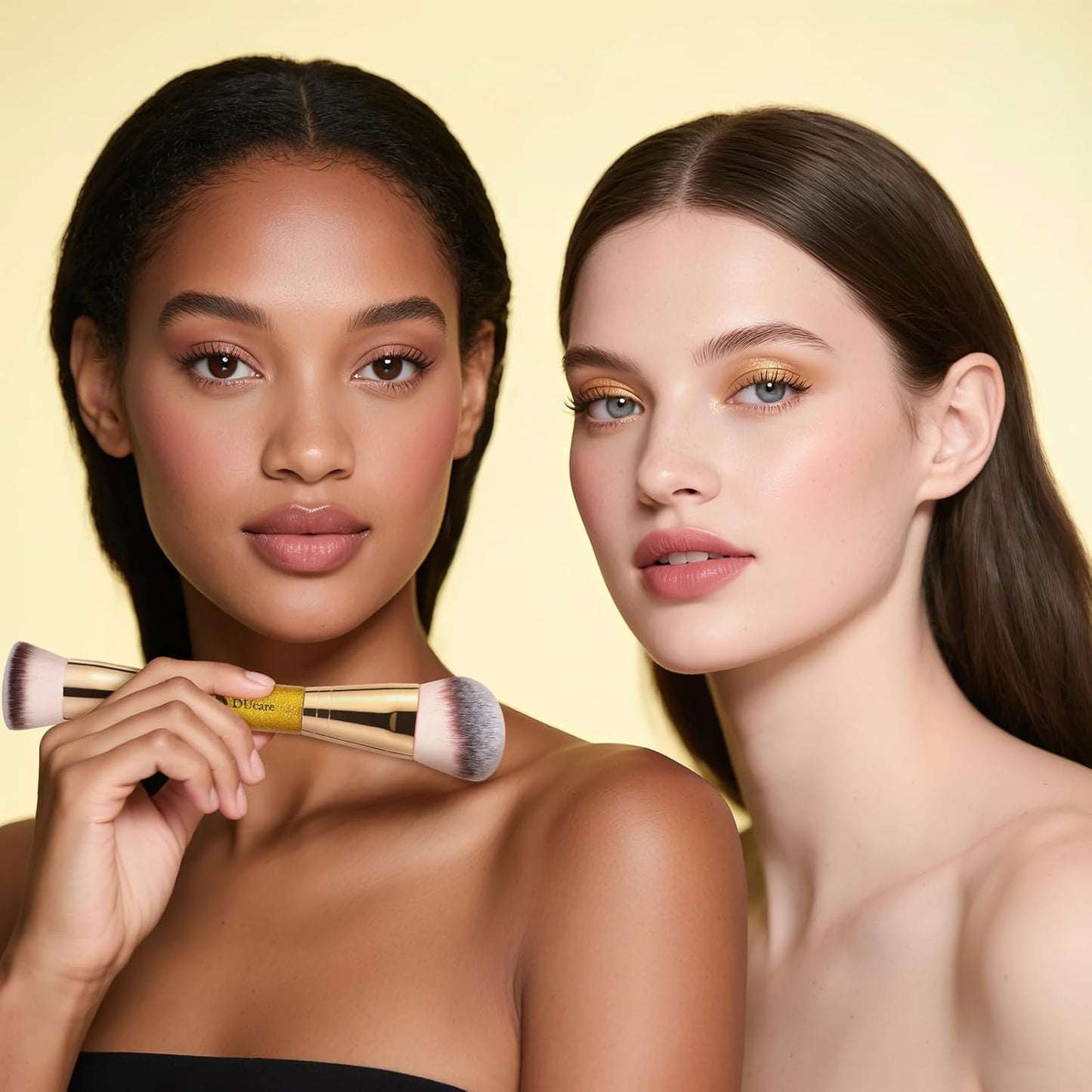 DUcare Dual End Foundation Brush - Professional Contour & Bronzer Tool for Liquid, Cream, & Powder Makeup | Gold Glitter Handle