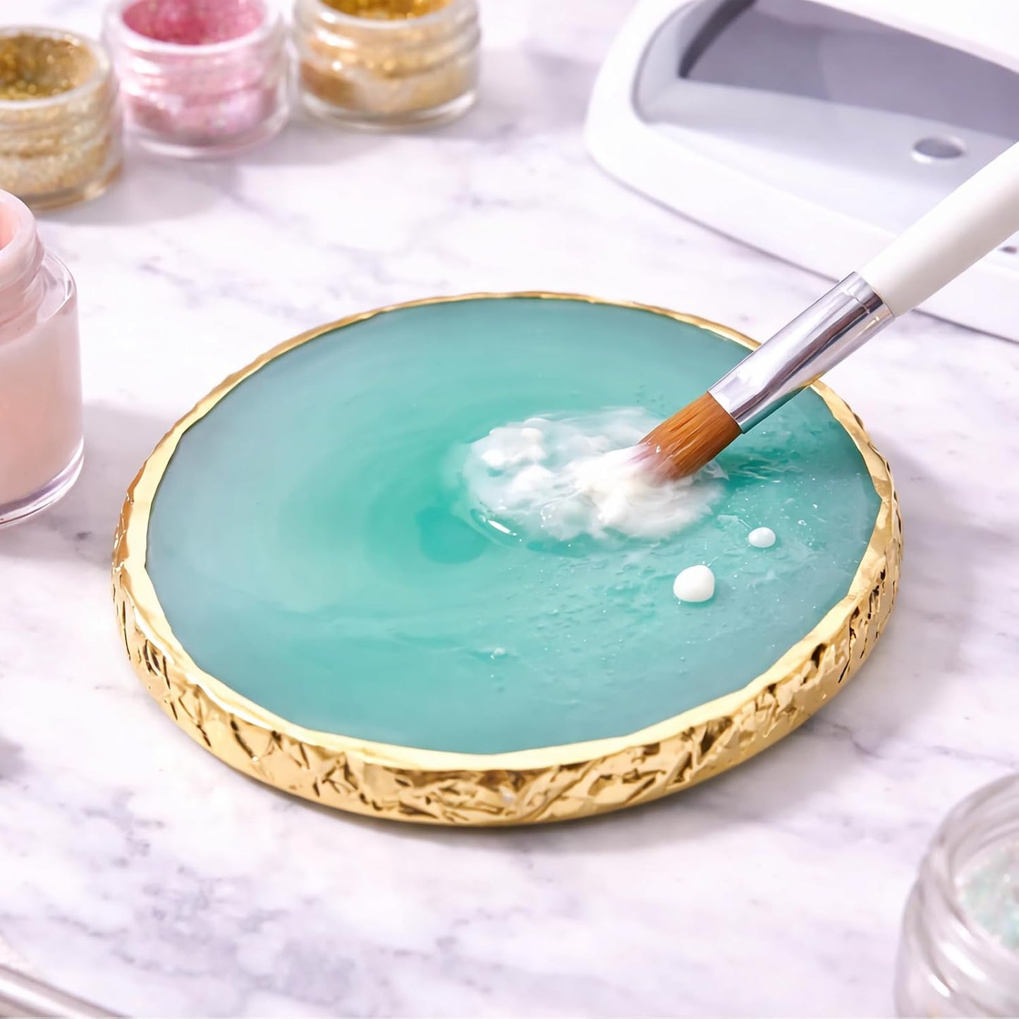 Resin Nail Art Palette - Gel Polish Mixing Board with Gold Edge | Green & Purple