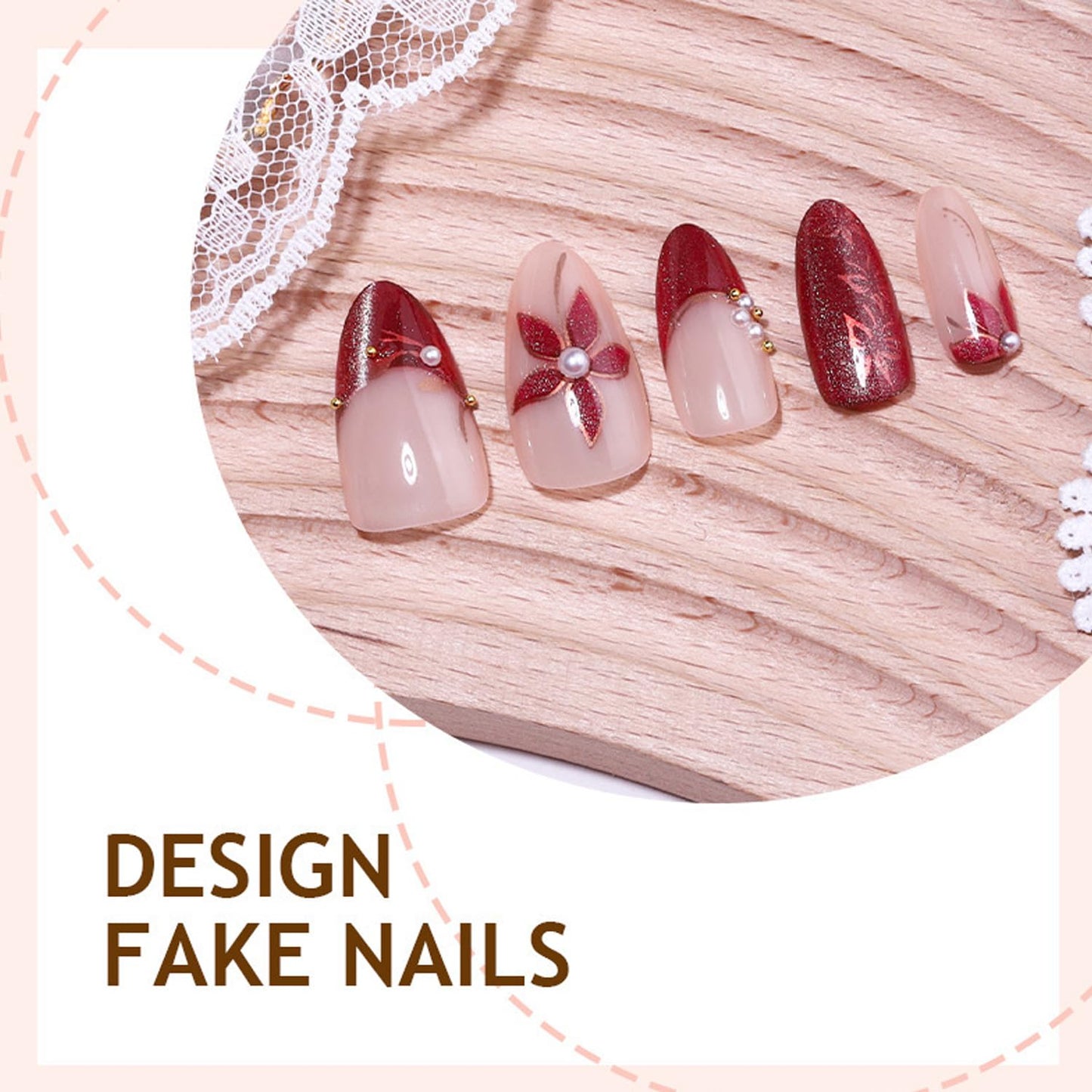 Almond Press On Nails - 30Pcs Medium Fake Nails with 3D Floral Art | Red French Gradient Acrylic for Women