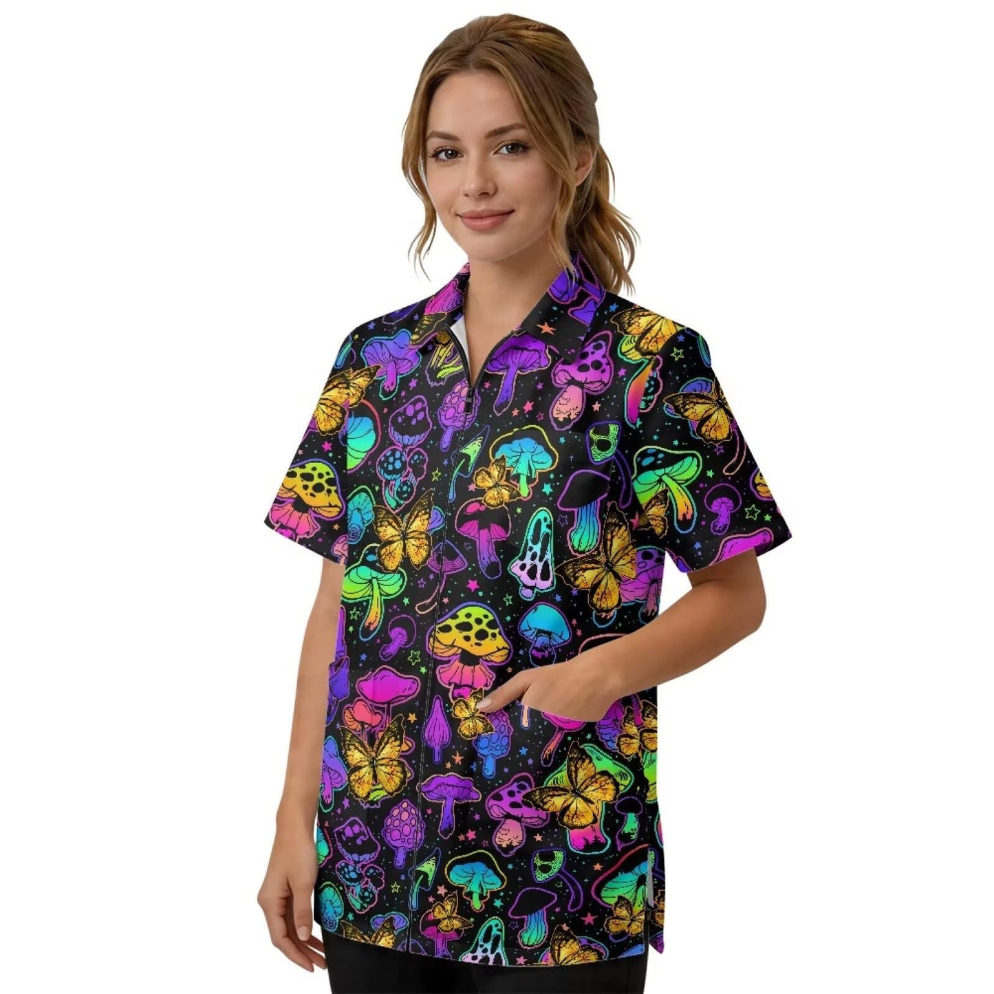 Srengjodk Cute Hairstylist Aprons For Women With 3 Pockets And Zipper For Women/Men Printed Haircut Cape Mens Smock For Barber Capas De Barbero Profesional Mushroom Print L 2XL