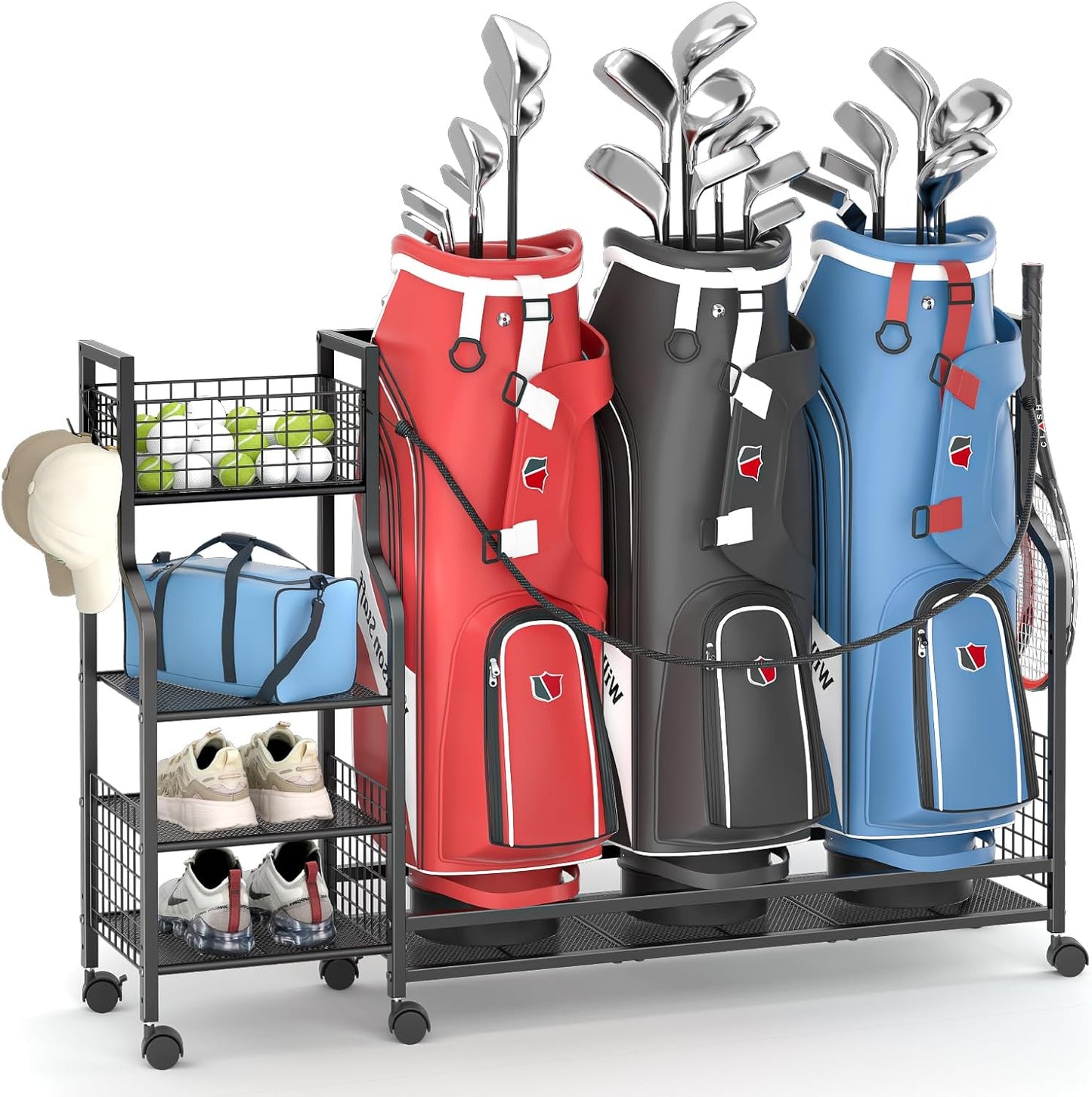 Golf Bag Storage Rack with Wheels - Durable Organizer for Golf Equipment | Ideal for Garage, Home, Shed (Black)