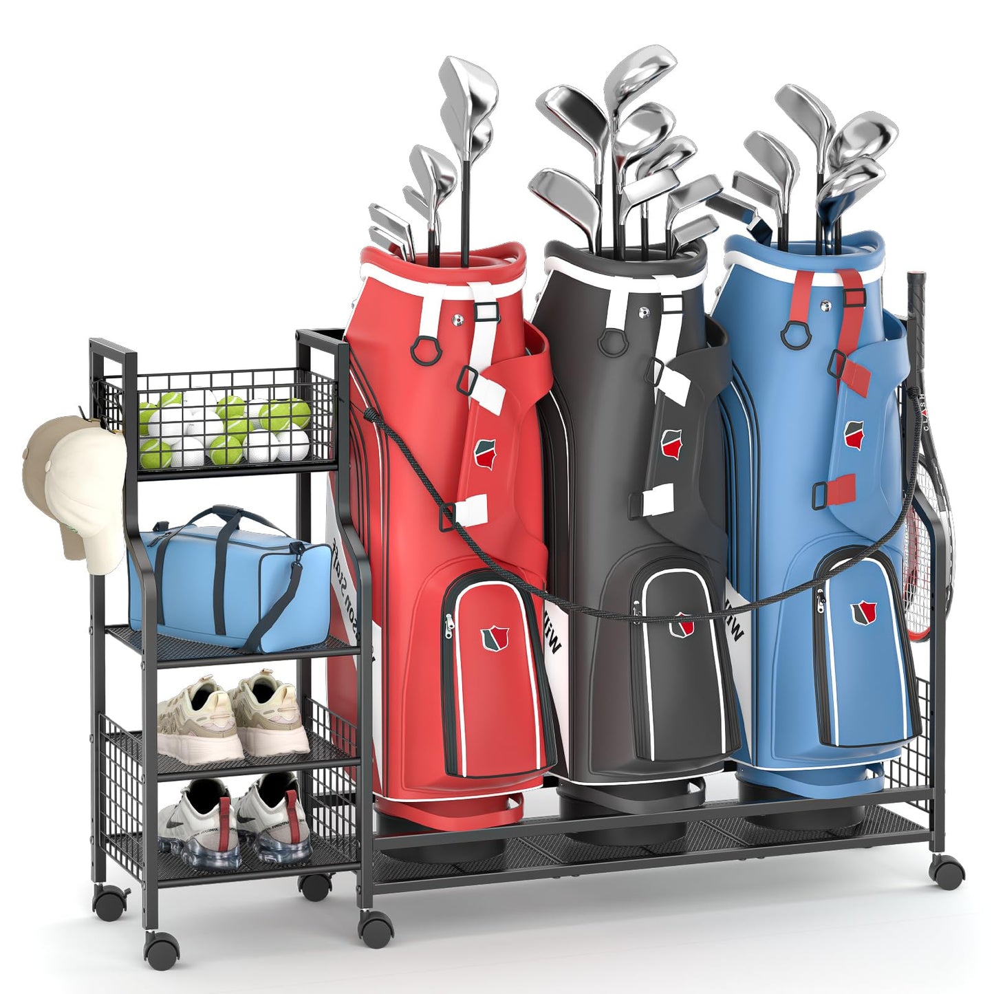 Golf Bag Storage Rack for Garage with Wheels, Organizer for 3 Golf Bag and Equipment Accessories, Golf Organizer Stand Ideal for Home, Garage, Club, Shed, Basement - Sturdy and Durable (Black)