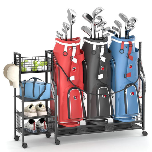 Golf Bag Storage Rack for Garage with Wheels, Organizer for 3 Golf Bag and Equipment Accessories, Golf Organizer Stand Ideal for Home, Garage, Club, Shed, Basement - Sturdy and Durable (Black)