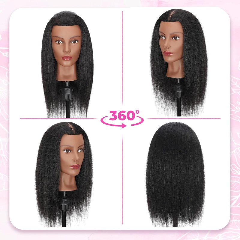 Human Hair Mannequin Head - 100% Real Hair Cosmetology Doll for Hair Styling | 16" Jet Black with Clamp Stand & Tools