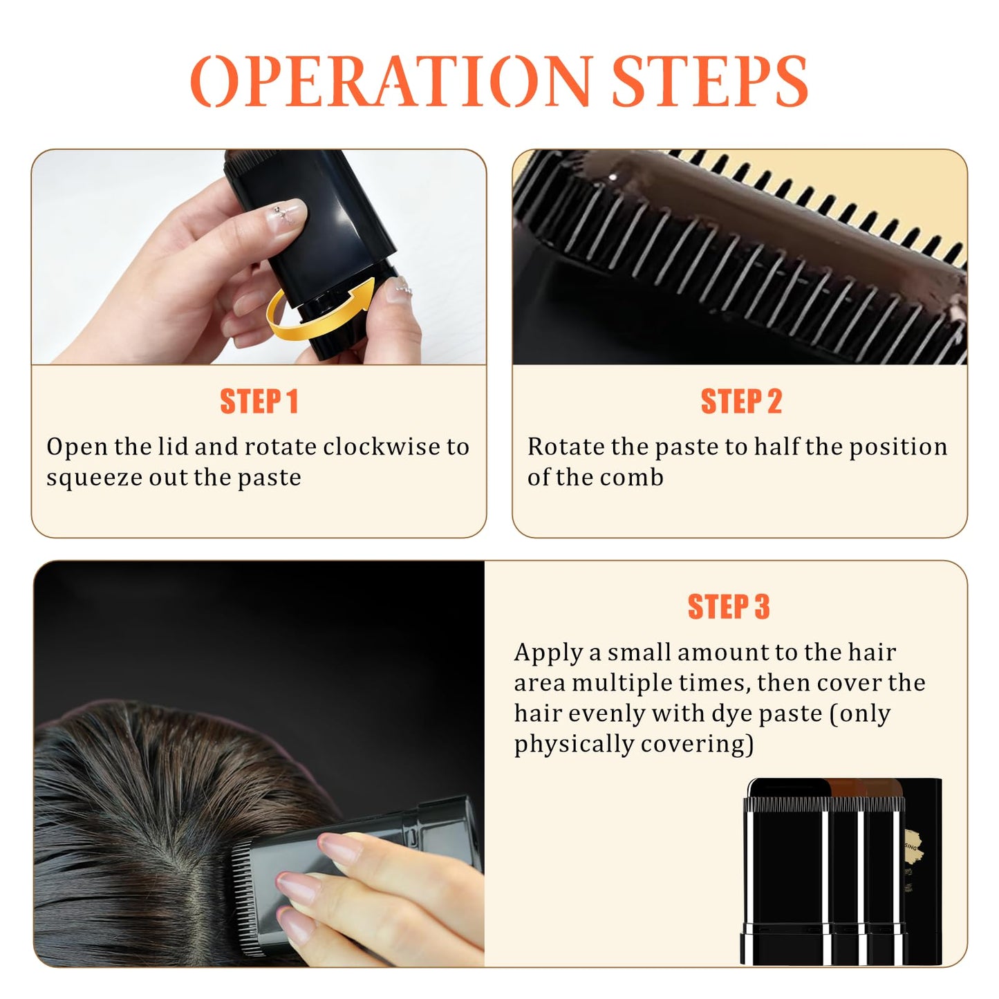 3PCS 2 in 1 Instant Hair Color Stick, Waterproof and Sweat Proof Hair Dye Stick, Portable 3 Color Touch-Up Hair Sticks With Comb for Women Men