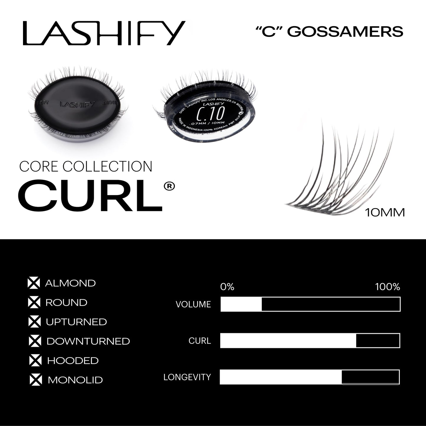 Lashify Curl 10mm Gossamer DIY Eyelash Extensions Refill, Black, Easy False Eyelashes for a Natural Look