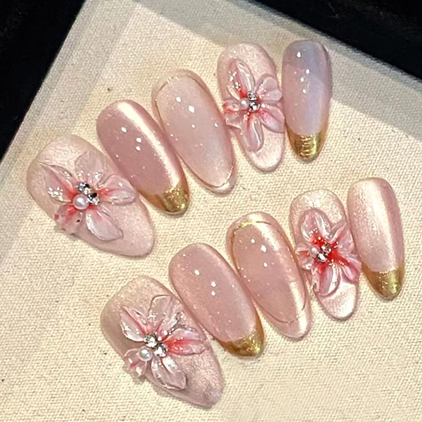 Blue Flower Press-On Nails - Medium Almond French Tip with Bow Design | Glossy Full Cover for DIY Manicure