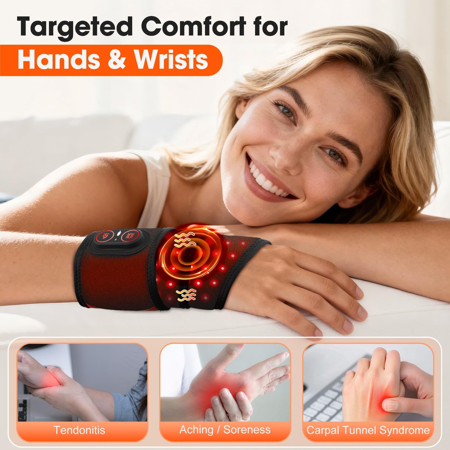 Cordless Wrist Hand Heating Pad Massage for Carpal Tunnel with Red Light, Hand Arthritis, Wrist Pain Relief, Heat Wrap Pad with 3000mAh Battery, Wrist Massager Vibration and Adjustable Heat Settings