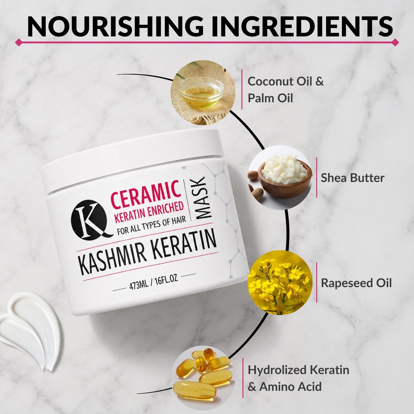 Kashmir Keratin Ceramic Hair Mask (16 oz), Advanced Keratin Deep Conditioning Repair Treatment for Dry, Damaged & Treated Hair, Sulfate & Paraben Free Hydrating Mask for Smooth, Soft & Shiny Hair