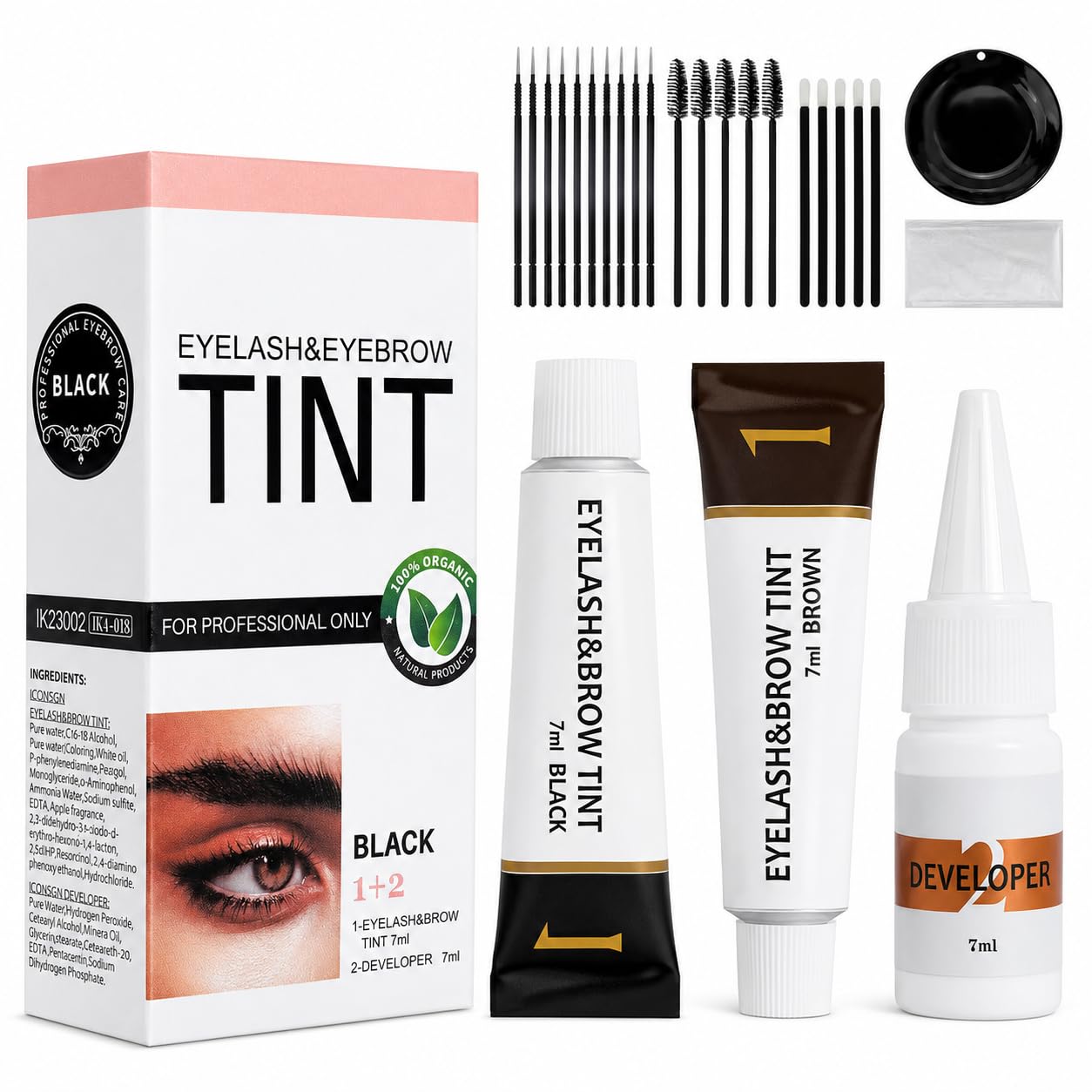 Eyelash & Eyebrow Color Kit, 2-in-1 Lash & Brow Tint Kit with Brush, Black and Brown Brow Color Set for At-Home DIY, Long-Lasting Color Up to 6 Weeks